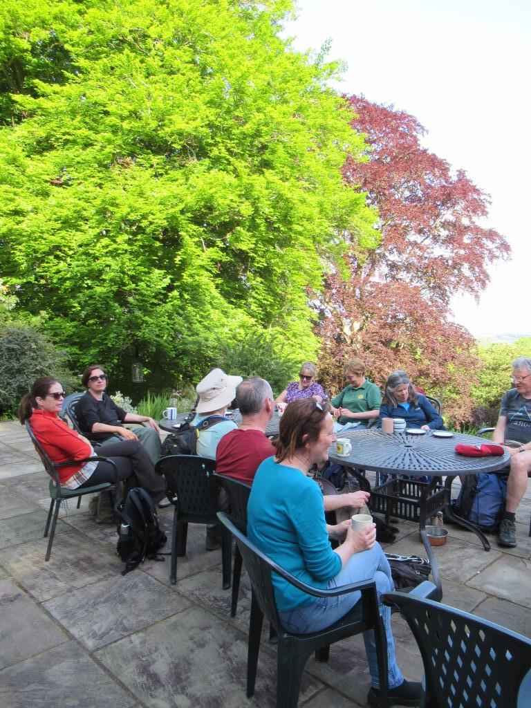 A group of people seated at tables in a garden with autumnal trees beyond.